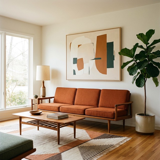 The same room redesigned in mid-century modern style