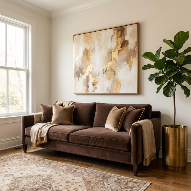 The same room redesigned in warm luxe style